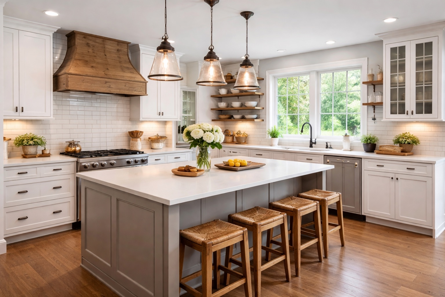 Bright, open-concept kitchen featuring white shaker cabinets, white subway tile backsplash, and light wood flooring. A large central kitchen island with a light gray base and white quartz countertop holds four woven wooden barstools and is illuminated by three glass pendant lights. In the background, a rustic wood range hood sits above a stainless steel gas range, flanked by open wooden floating shelves and a large window overlooking trees.